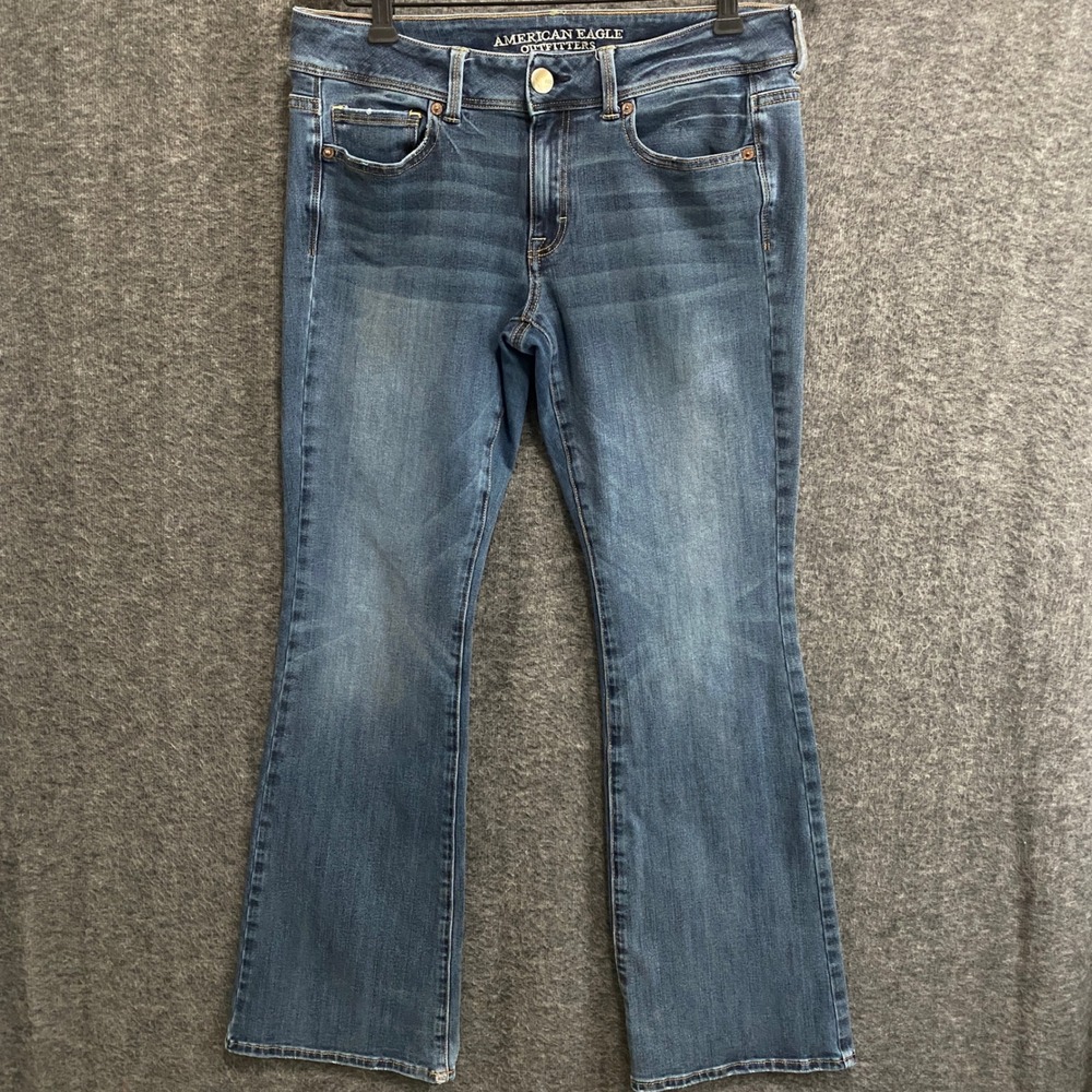 American Eagle Kick Boot Jeans Women 10 Reg Blue Super Stretch Denim Distressed